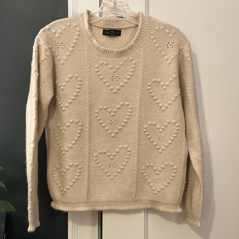 NWT Cynthia Rowley Cream Heart Pointelle Knit Sweater Women's Size XS